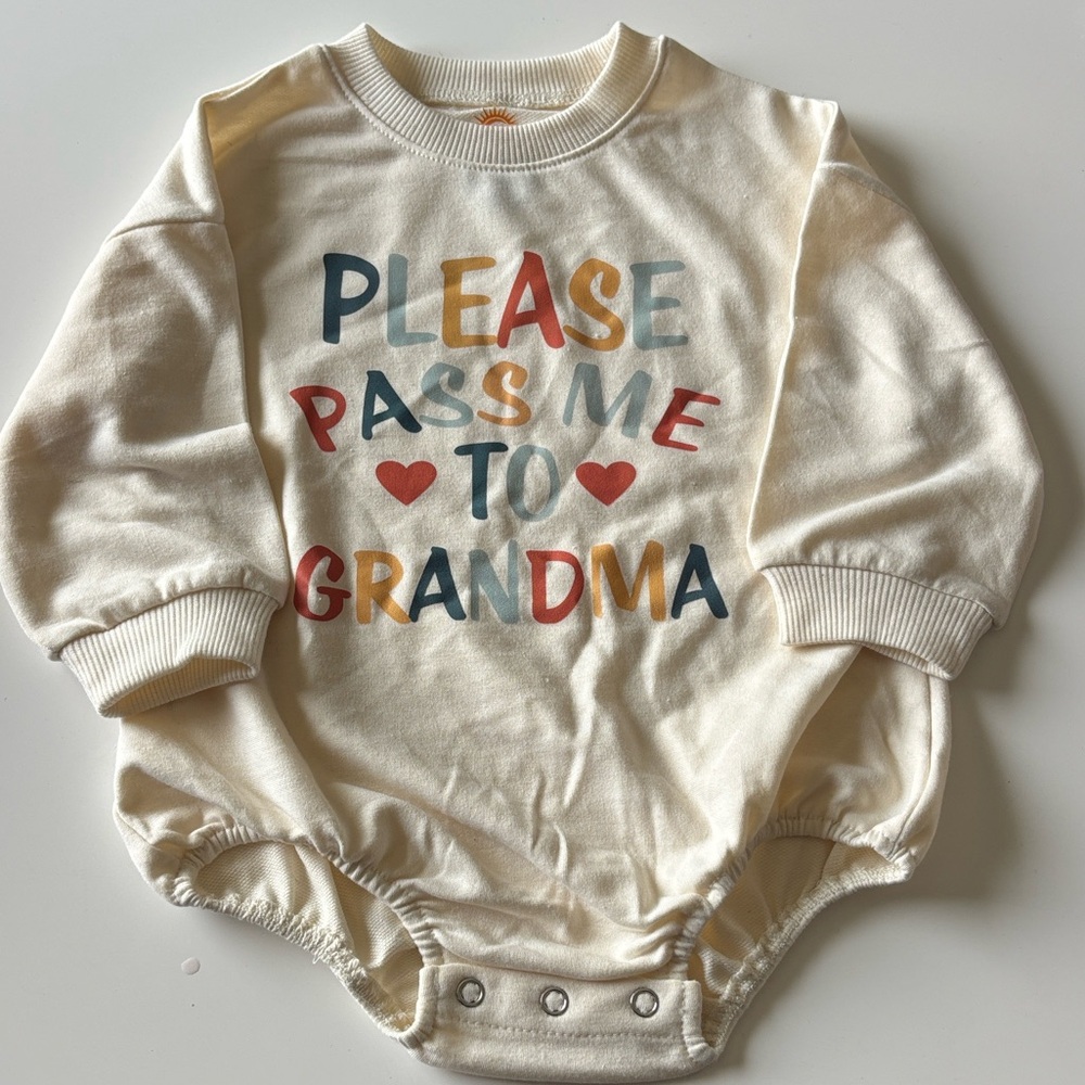 Kids Cream One-Piece Bodysuit with Multicolor 'Please Pass Me to Grandma' Print